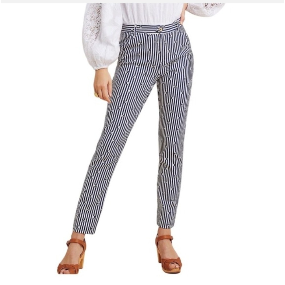 Anthropologie The Essential Slim Pants Navy Blue White Striped Floral 2P Petite